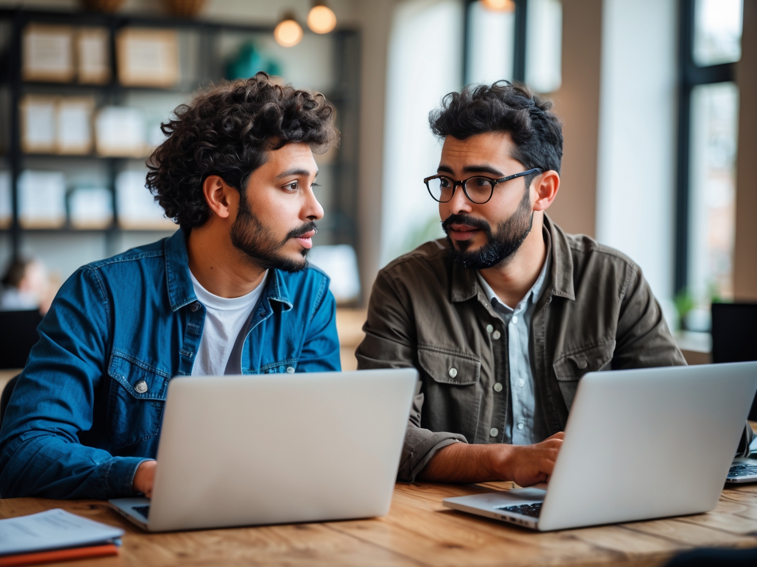 Two people in a casual meeting discussing technical questions with laptops open