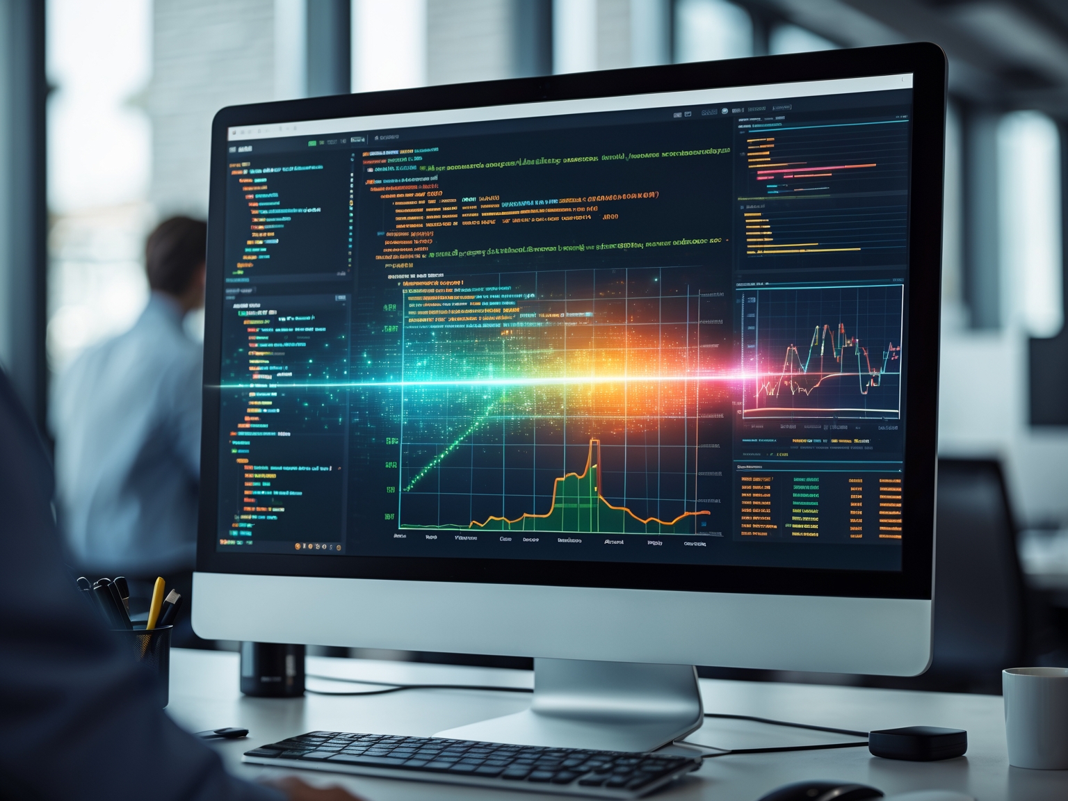 Computer screen displaying code with glowing AI algorithms overlaying performance metrics in a modern office