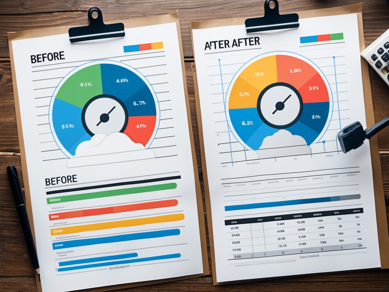 Before-and-after photos of website loading speeds printed on paper charts