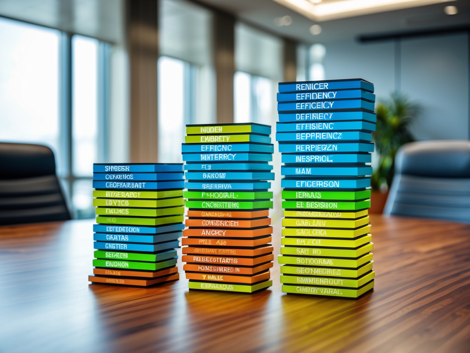 Stacked charts comparing rendered efficiency metrics on a conference table