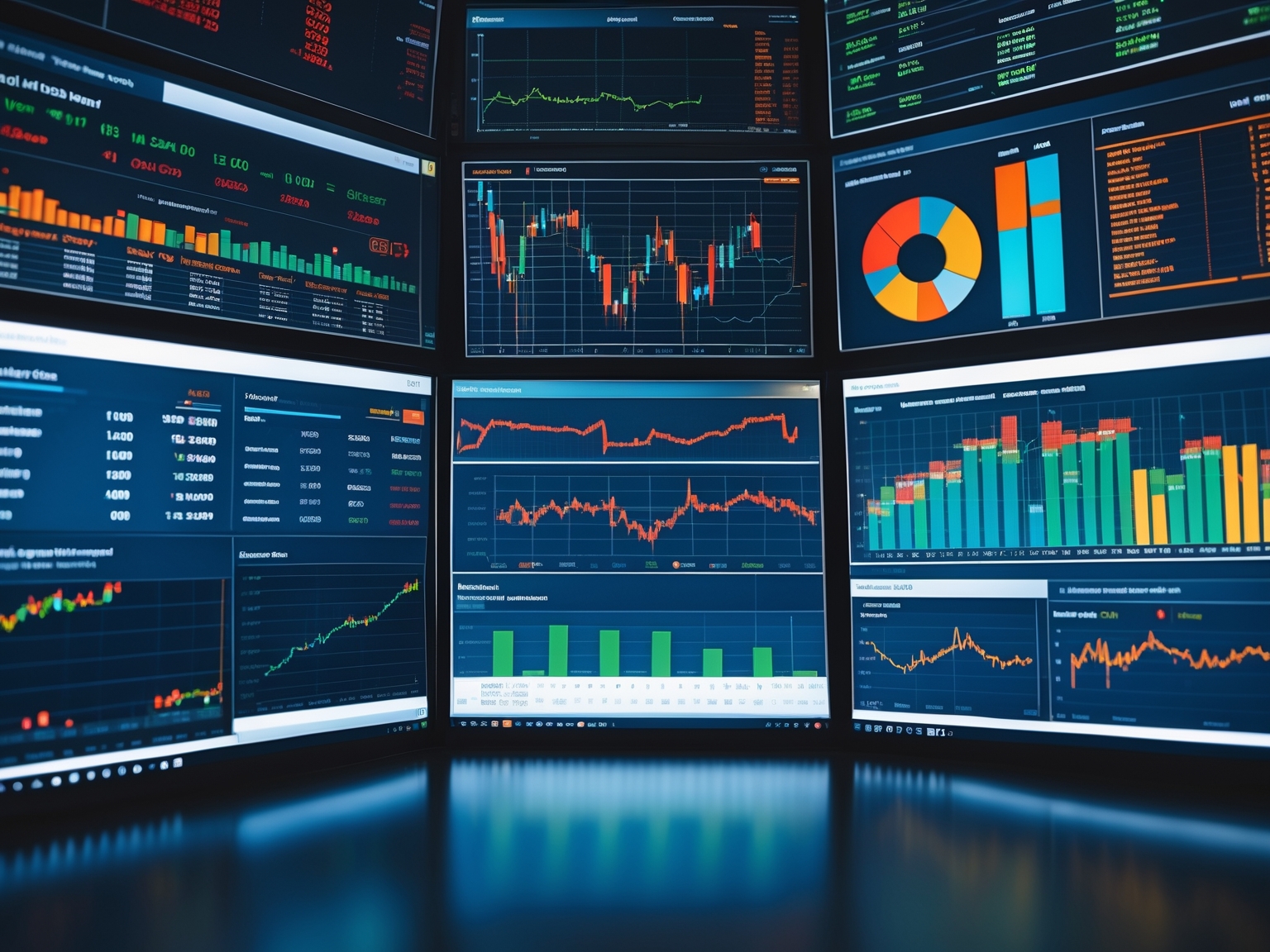 Wide-angle view of a technical dashboard with multiple screens displaying benchmark data