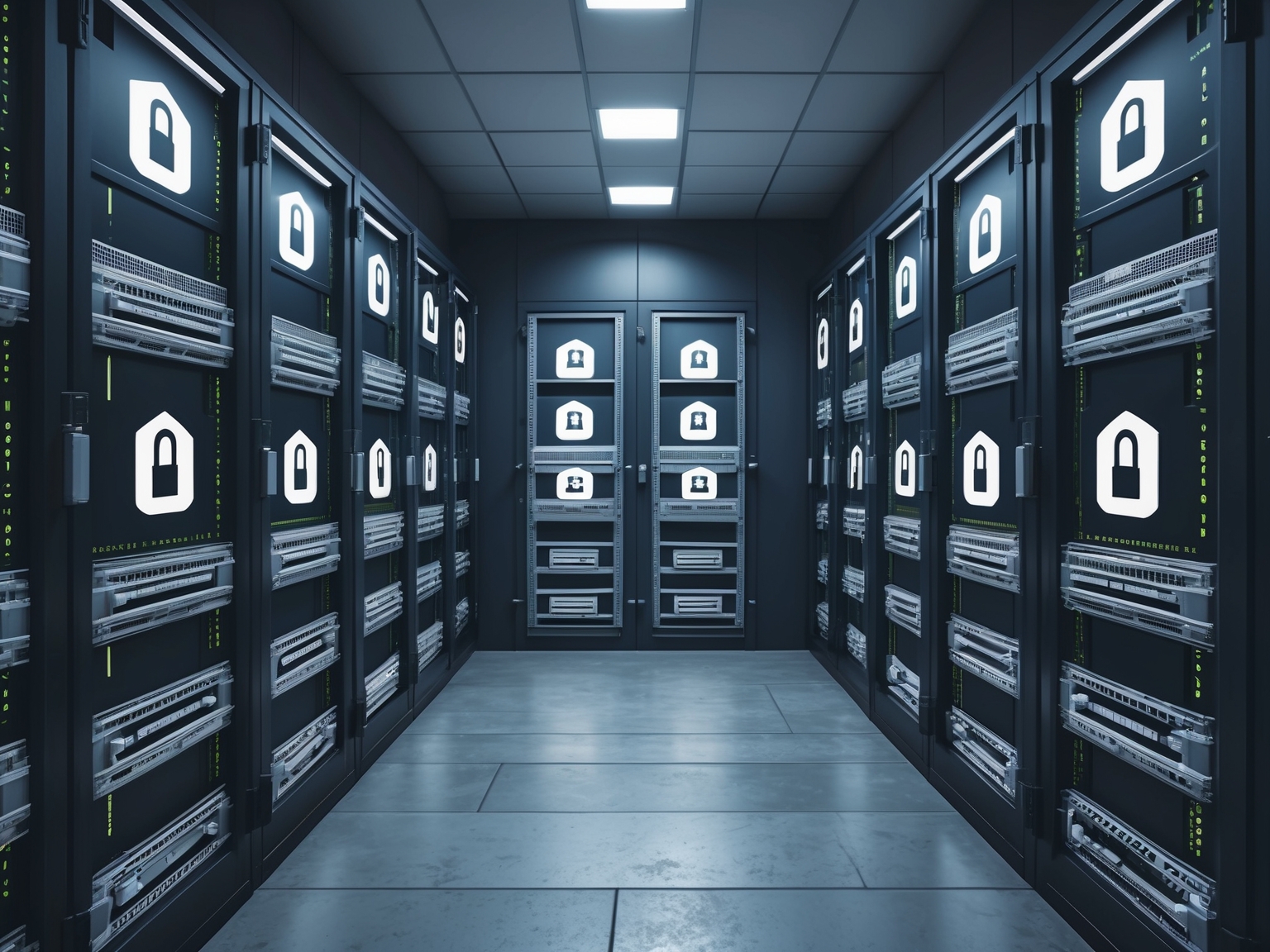 Secure server room with rows of computers and data protection symbols on the walls