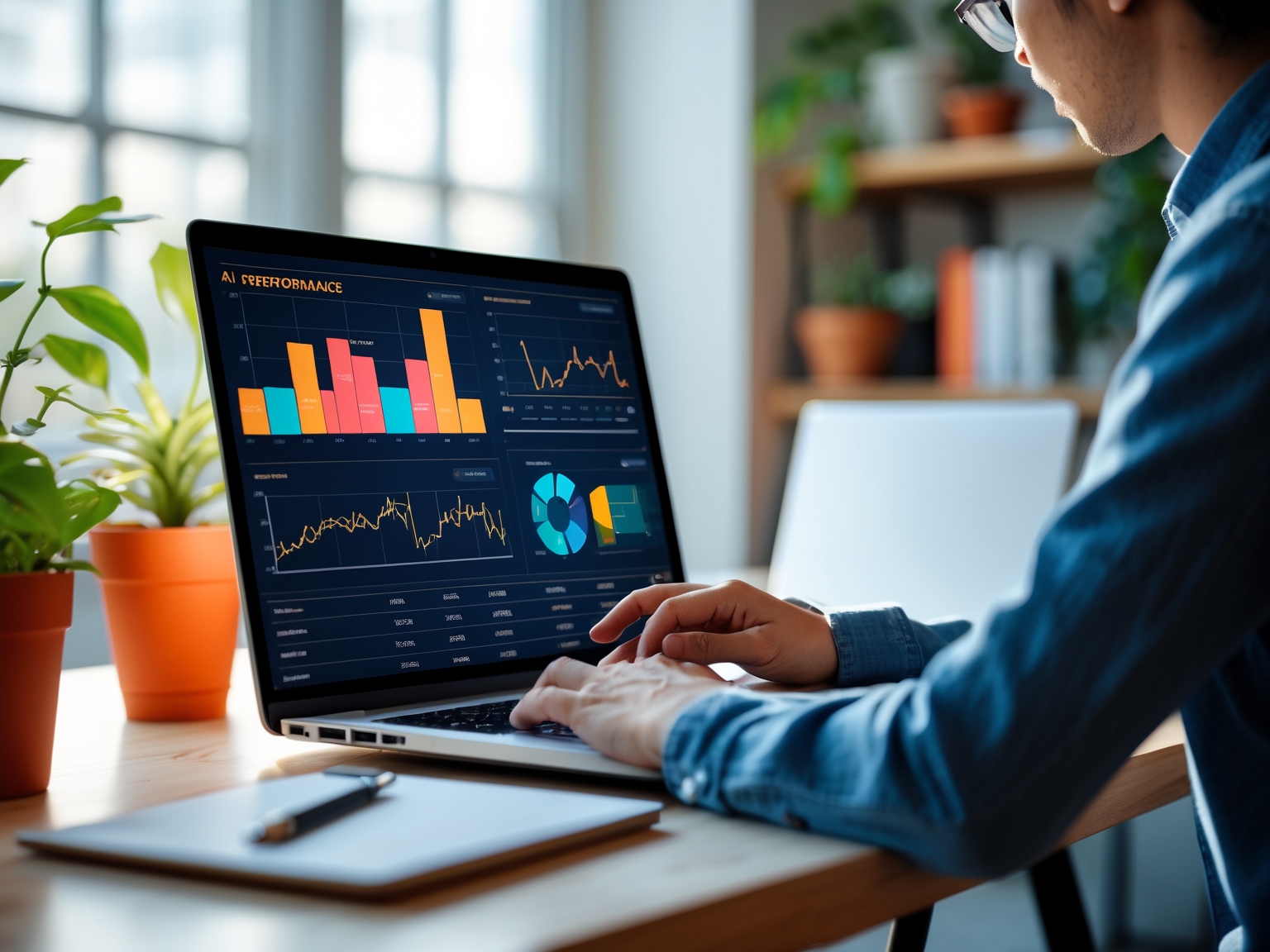 Person analyzing data on a laptop screen with AI performance charts