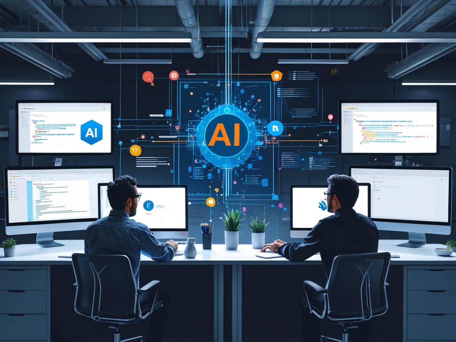 Engineers collaborating on integrating AI tools into a code repository