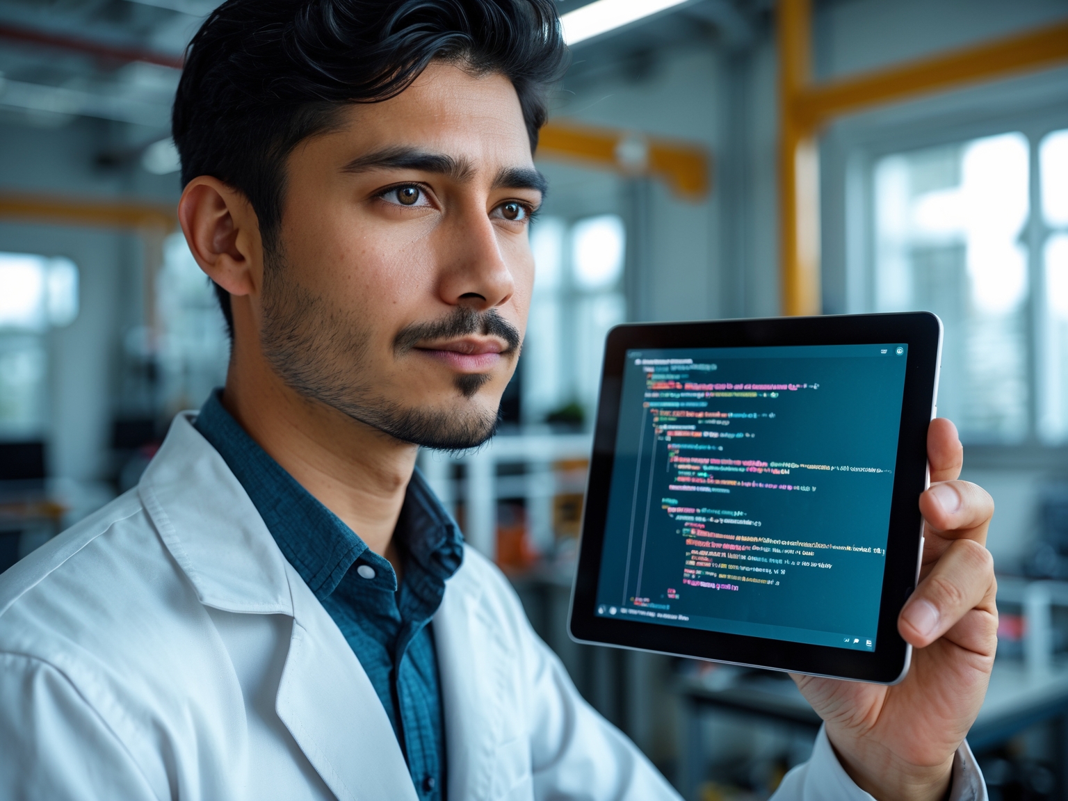Portrait of a male engineer in a tech lab, holding a tablet with code on the screen
