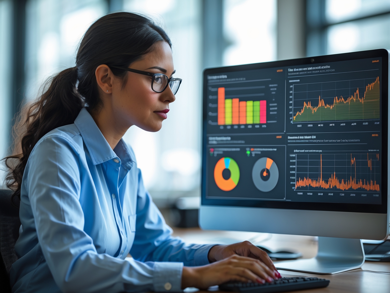 Portrait of a female engineer at her desk, reviewing performance benchmarks on a monitor