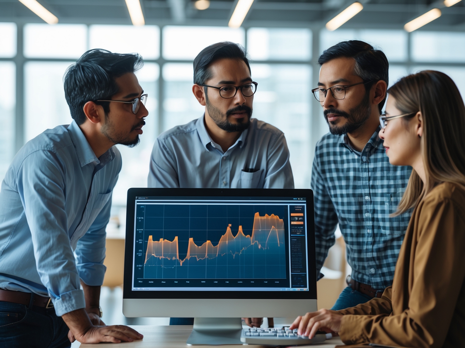 Group of three engineers in discussion around a computer displaying AI rendering graphs