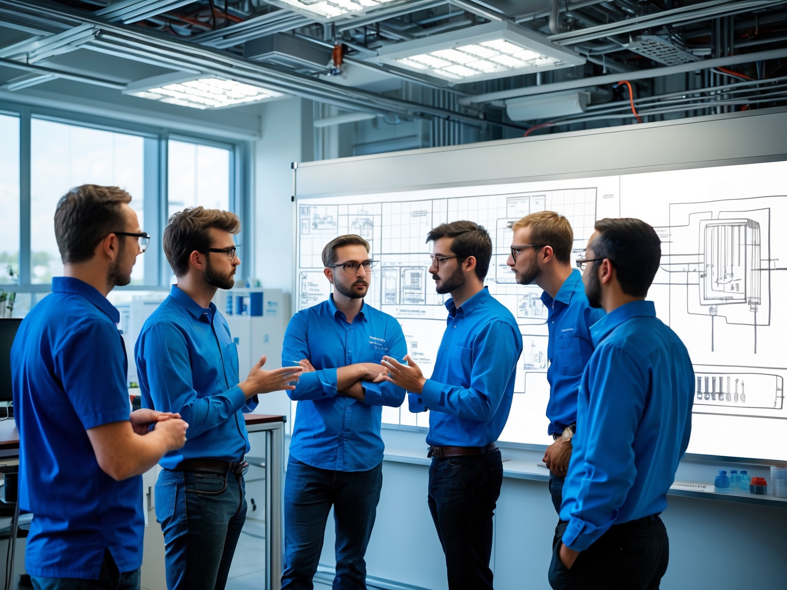 Group photo of engineers in a lab environment discussing around a whiteboard with technical diagrams